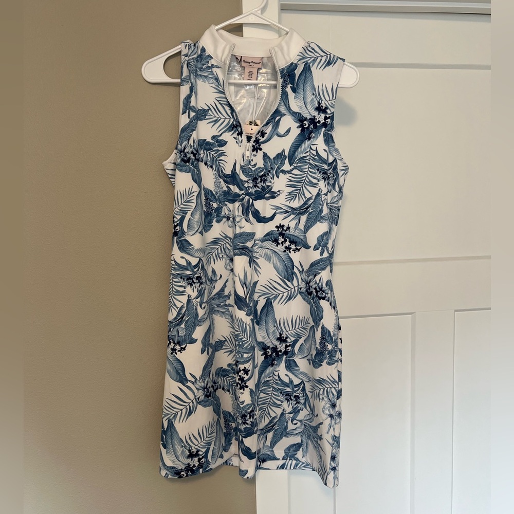 Tommy Bahama White Sleeveless Mini Dress with Blue Tropical Print
